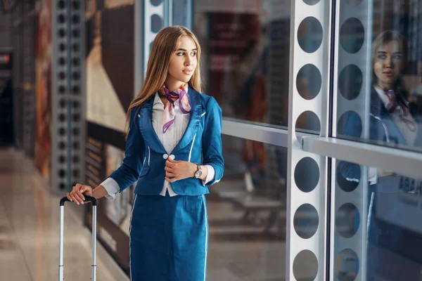 Stewardess Suitcase Coffee Window Airport Air Hostess Baggage Waiting Room — Stock Photo, Image