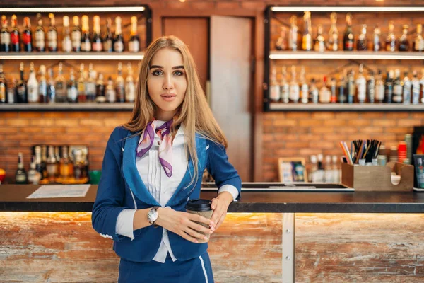 Stewardess Drinks Coffee Bar Counter Airport Cafe Air Hostess Baggage — Stock Photo, Image