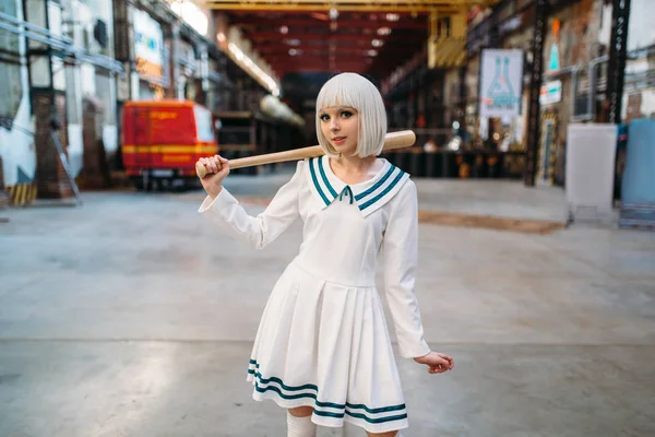 Cute Anime Style Blonde Girl Baseball Bat Cosplay Fashion Asian — Stock Photo, Image