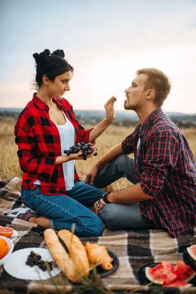 女性は 夏の畑でピクニックに彼女の男にブドウを供給します 男と女のロマンチックな視察旅行愛カップルに幸せ一緒に — ストック写真