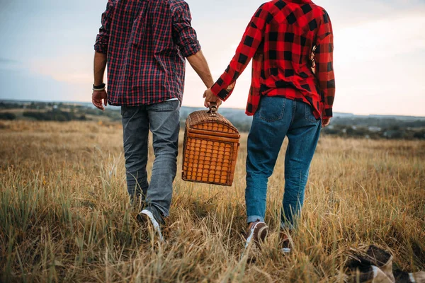 Casal Amor Com Cesta Piquenique Campo Verão Junta Romântica Homem — Fotografia de Stock