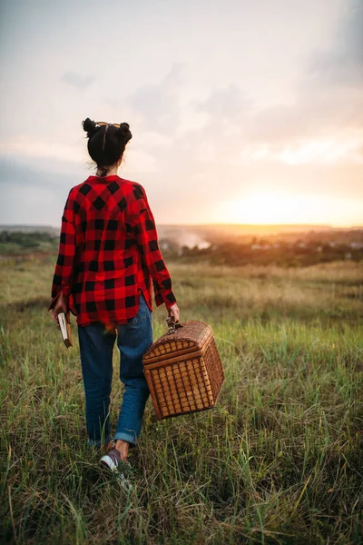 Hübsche Frau Mit Korb Picknick Sommerfeld Romantischer Junket Glückliches Wochenende — Stockfoto