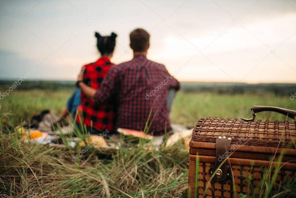 Basket, love couple sitting on plaid, back view, picnic in summer field. Romantic junket, man and woman leisure together
