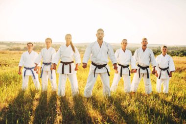 Karate beyaz kimono, yaz alan olarak çalışma grubunda. Savaş sanatı eğitim açık, siyah kuşak savaşçıları