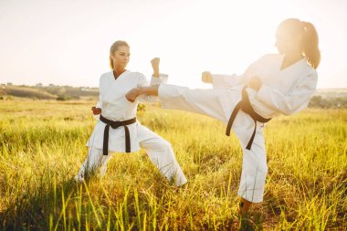 Kimono eğitim mücadele beceri yaz alanında iki kadın karate. Savaş sanatı egzersiz açık, teknik uygulama, arka plan ile fotoğraf düzenleme