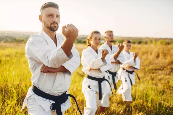 Karate Csoport Fehér Kimonó Próbamunka Mezőben Nyári Harcművészeti Képzés Kültéri — Stock Fotó