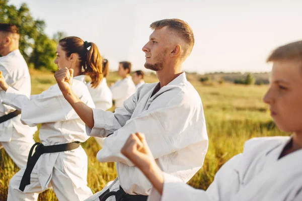 Grupa Karate Szkolenia Dziedzinie Lato Sztuki Walki Treningu Zewnątrz Technika — Zdjęcie stockowe