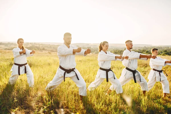 Grupa Karate Białe Kimono Trening Lato Pole Sztuki Walki Szkolenia — Zdjęcie stockowe