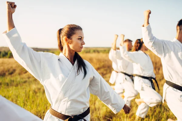 Grupo Karatê Com Mestre Quimono Branco Treino Campo Verão Treinamento — Fotografia de Stock