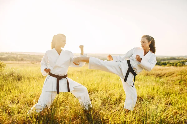 Dos Mujeres Karate Con Cinturones Negros Luchan Campo Verano Luchadores —  Fotos de Stock