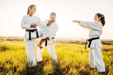 Ana kadın karate savaşçıları tekme zaman doğru stand öğretir. Savaş sanatı egzersiz açık, teknik uygulama