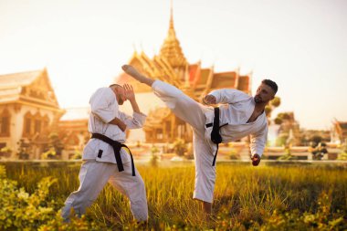 Karate savaşçıları eğitim mücadele karşı günbatımı üzerinde Antik tapınak. Savaş sanatı egzersiz açık. Arka plan ile fotoğraf düzenleme