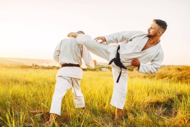 İki karate savaşçıları, tekme Aksiyon, midede kavga yaz alanında eğitim. Savaş sanatı savaşçıları egzersiz açık, tekniği uygulaması