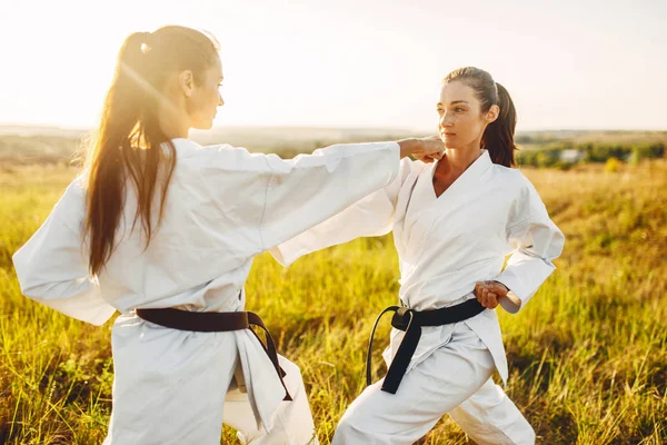 Két Női Karate Fekete Öves Harcot Nyári Mezőben Harcművészeti Harcosok — Stock Fotó