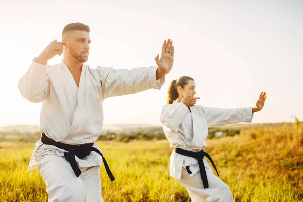 Férfi Női Karate Mester Fekete Küzdelem Nyári Mezőben Harcművészeti Harcosok — Stock Fotó