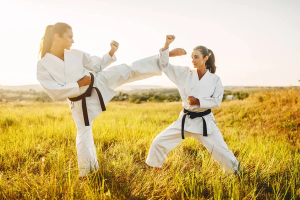 Two female karate with black belts fight in summer field. Martial art fighters on workout outdoor, technique practice