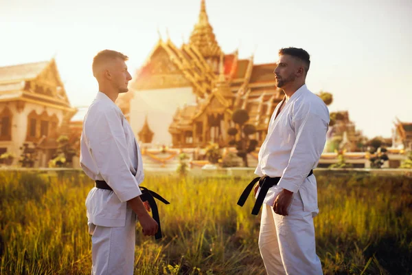 Fekete Öves Karate Harcosok Ellen Sunset Ősi Templom Fehér Kimonó — Stock Fotó