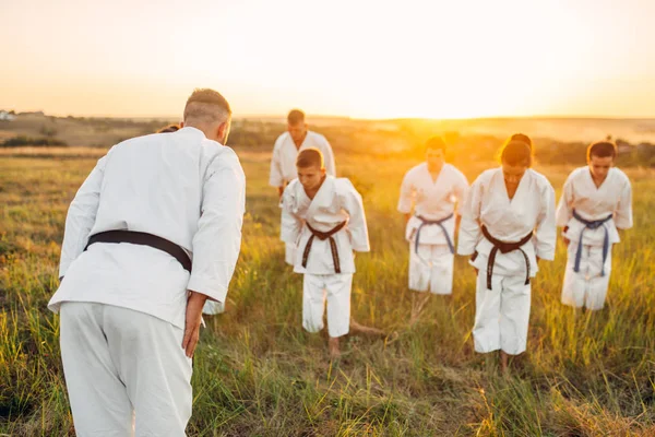 Equipe Luta Karaté Quimono Branco Treinamento Com Mestre Campo Verão — Fotografia de Stock