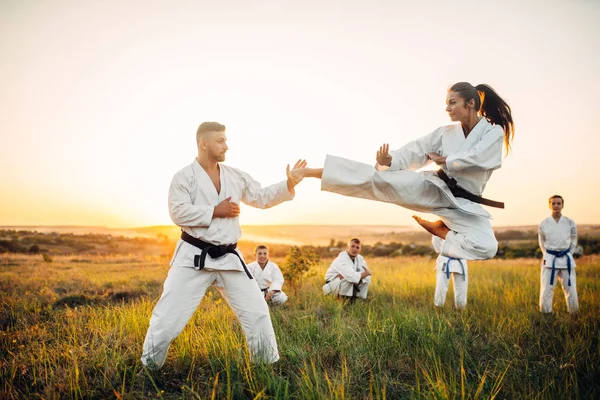 Kvinnliga Karate Fighter Tåg Sparka Flygning Med Master Kampsport Fighters — Stockfoto