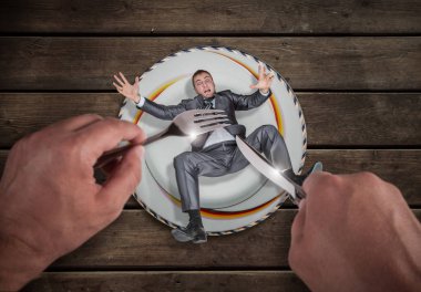 Businessman on a plate, big business absorbs entrepreneurs. Small business problem concept, unequal competition clipart