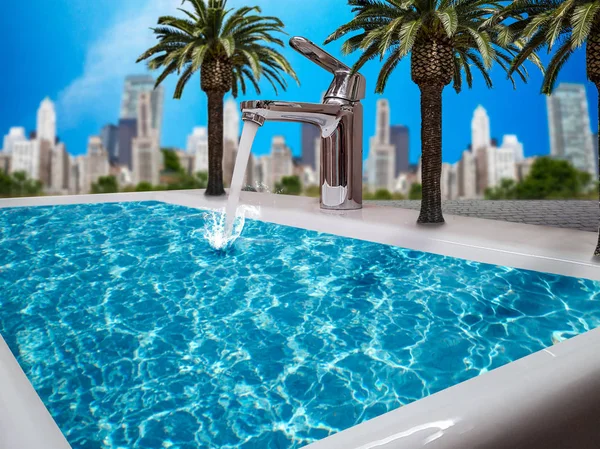 Tap Water Flows Outdoor Pool Faucet Sunny Summer Day Blue — Stock Photo, Image