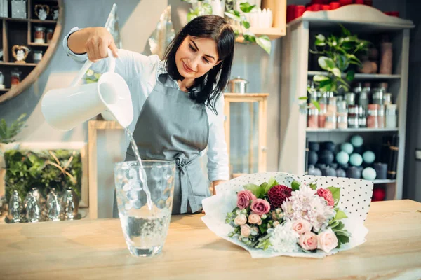 Female Florist Pours Water Vase Flower Boutique Floristry Service Floristic — Stock Photo, Image