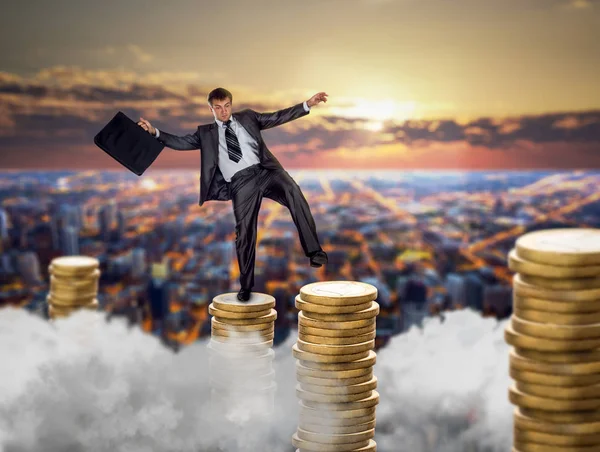 Businessman Jumping Stacks Coins Fragile Unstable Business Bankruptcy Risk Financial — Stock Photo, Image