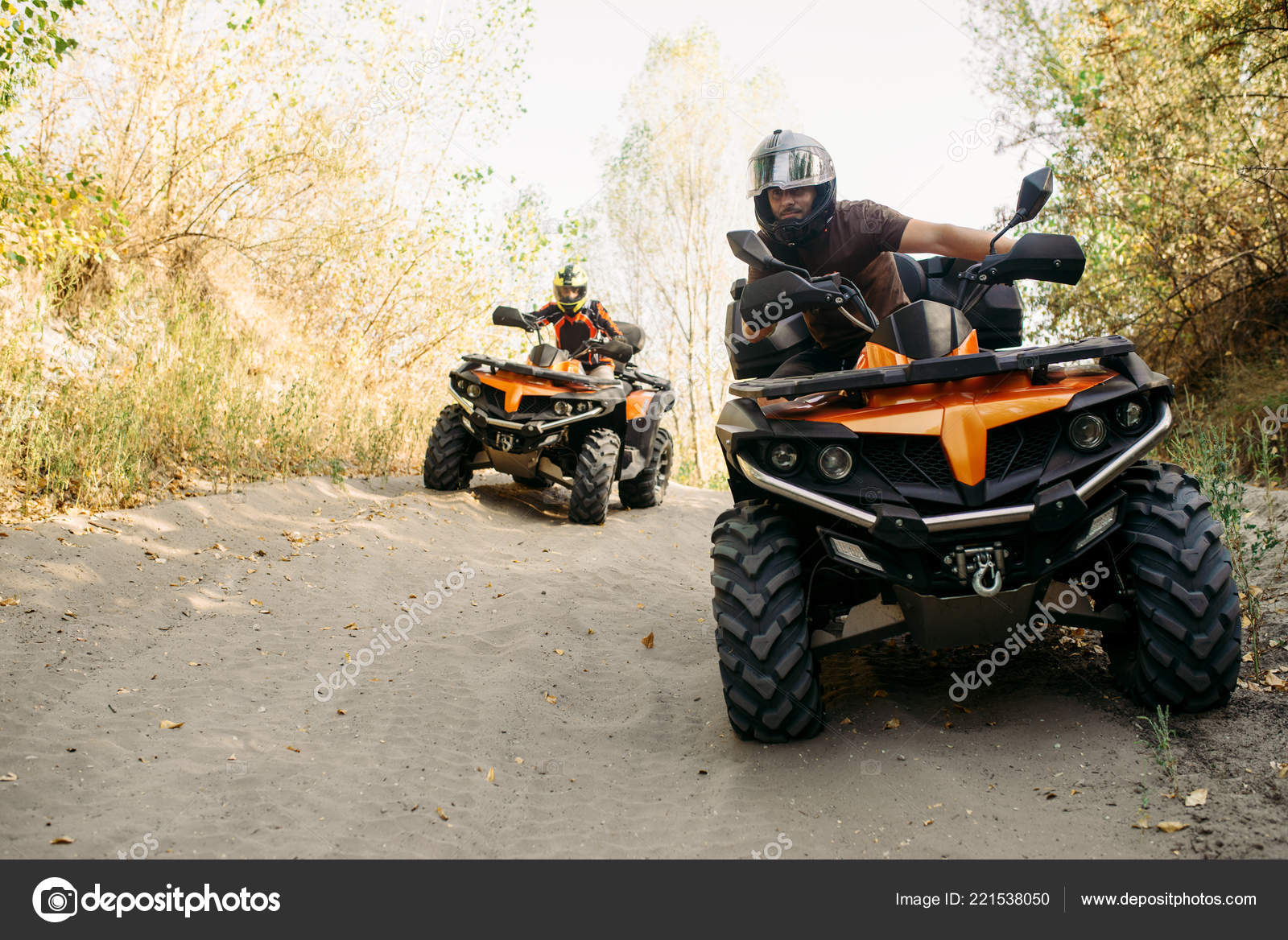 Two Quad Bike Riders Helmets Travels Forest Front View Riding Royalty Free Photo Stock Image By C Nomadsoul1 221538050