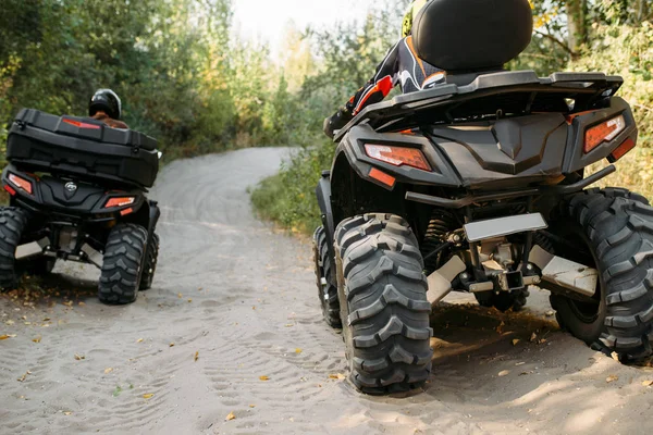 Two Quad Bike Riders Helmets Rides Forest Back View Offroad — Stock Photo, Image