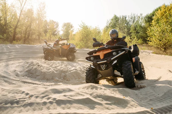 Two Atv Riders Helmets Ride Circle Sand Offroad Forest Riding — Stock Photo, Image