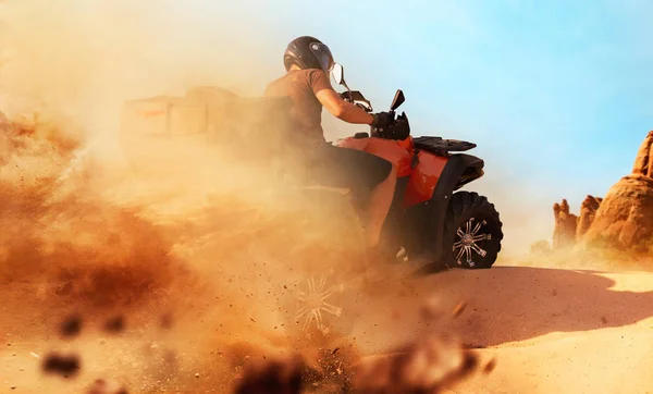 Atv Riding Sand Quarry Dust Clouds Male Driver Helmet Quad — Stock Photo, Image