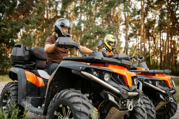 Two Quad Bike Riders Helmets Equipment Side View Closeup Summer — Stock Photo, Image