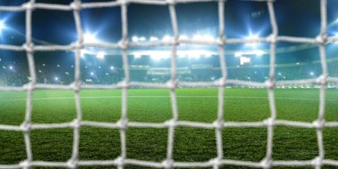 Futbol gol Stadyumu, parlak ışıklar ve tribün arka plan üzerinde oyun hayranları ile görüntülemek alan çim. Çim, kimse oyun üzerinde 
