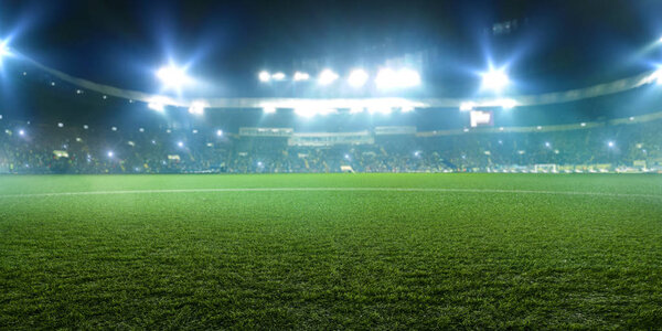 Estadio Fútbol Luces Brillantes Vista Desde Césped Césped Nadie Patio — Foto de Stock