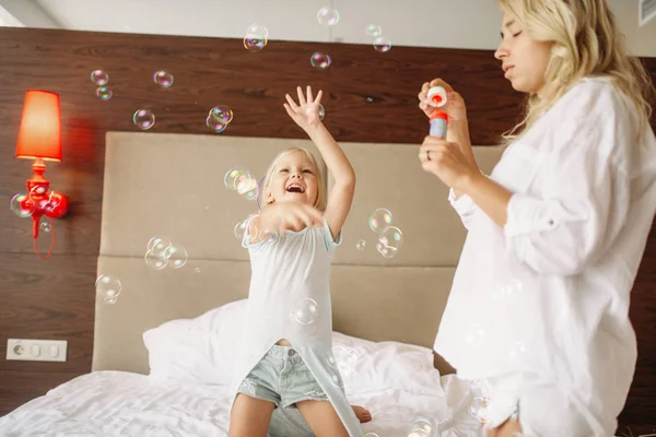 Funny Mother Child Blowing Bubbles Bedroom Home Parent Feeling Togetherness — Stock Photo, Image