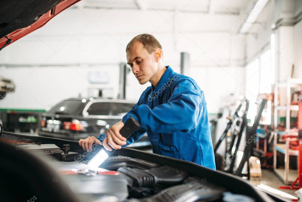 Mechanic checks the engine compartment of the vehicle, motor diagnostic. Car with opened hood, auto-service