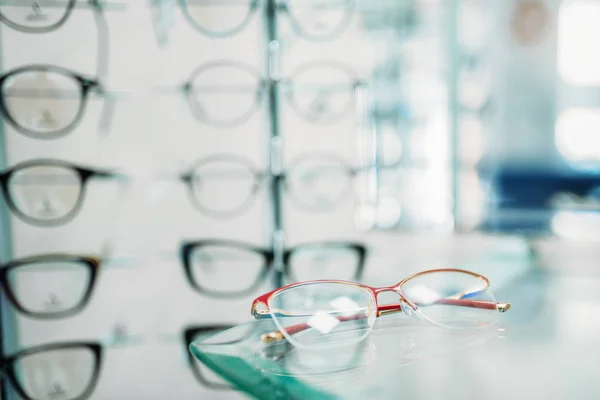 Glasses Showcase Optic Shop Closeup Nobody Eyes Protection Eyeglasses Shelf — Stock Photo, Image