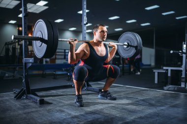 Muscular powerlifter doing squats with barbell in gym. Weightlifting workout, powerlifting training, lifter in sport club clipart