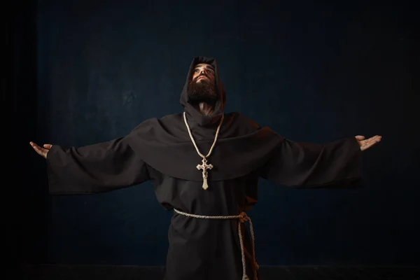 Monk Black Robe Hood Kneeling Praying Religion Mysterious Friar Dark — Stock Photo, Image