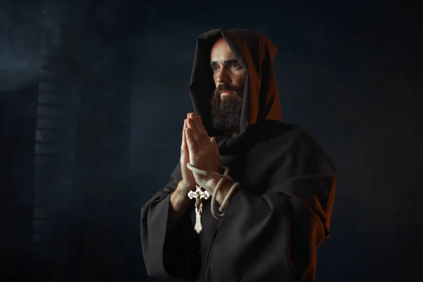 Medieval Monk Black Robe Hood Praying Closed Eyes Secret Ritual — Stock Photo, Image