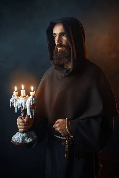 Medieval Monk Robe Holds Candlestick Hands Black Background Secret Ritual — Stock Photo, Image