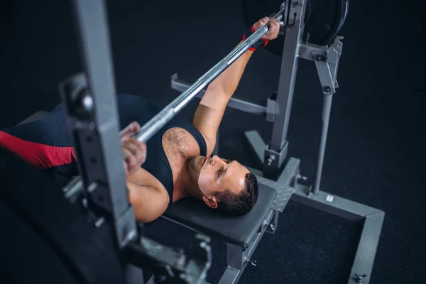 Starker Gewichtheber Sportbekleidung Auf Trainingsgerät Mit Langhantel Draufsicht Heben Gewichtheben — Stockfoto