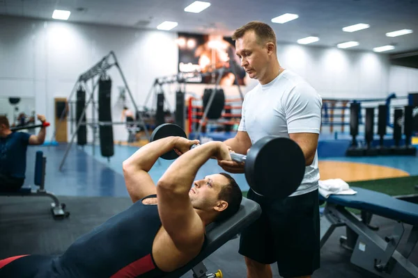 Athlete Lies Bench Doing Exercise Dumbbell Instructor Control Motivation Method — Stock Photo, Image