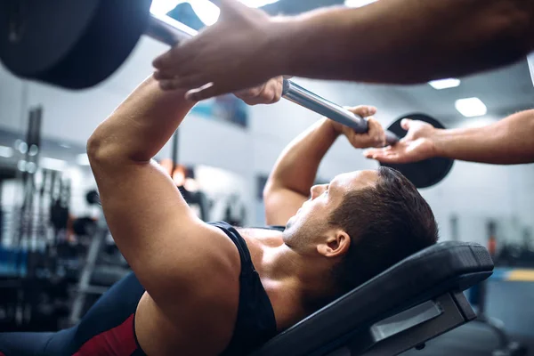 Athlete Lies Bench Doing Exercise Barbell Instructor Control Motivation Method — Stock Photo, Image