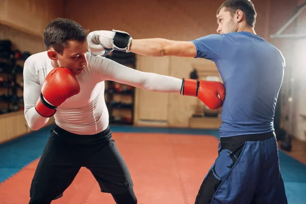 Két Férfi Kickboxers Kesztyű Gyakorlása Tornateremben Edzés Harcosok Képzés Kick — Stock Fotó