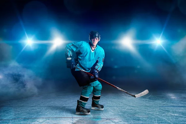 One Hockey Player Skating Ice Arena Spotlights Black Background Male — Stock Photo, Image