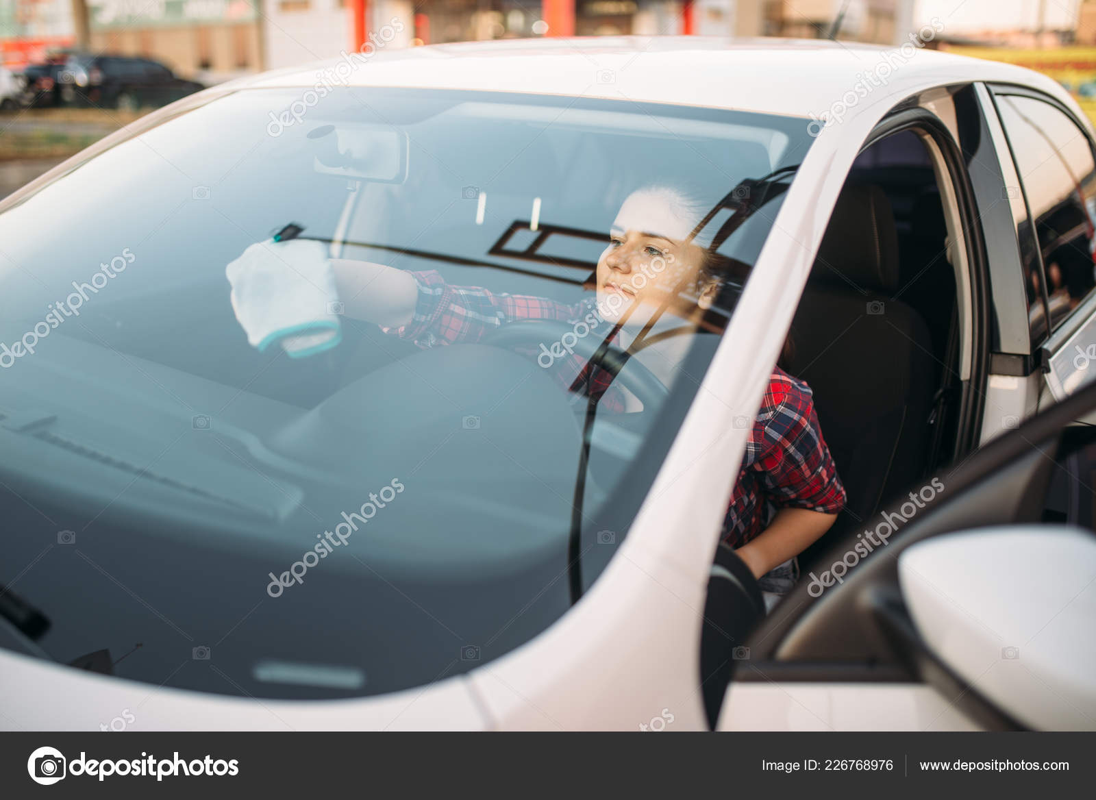 Woman Wipes Windshield Car Carwash Lady Self Service Automobile