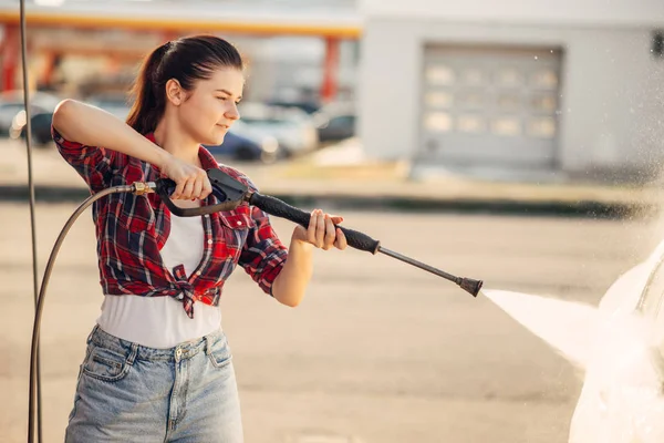 Young Woman Self Service Car Wash Outdoor Vehicle Washing Summer — Stock Photo, Image