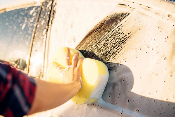 Female Person Hand Sponge Scrubbing Vehicle Foam Car Wash Young — Stock Photo, Image