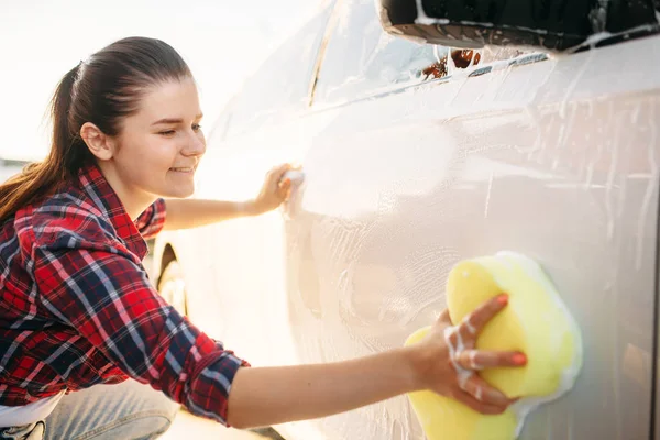 Young Woman Sponge Scrubbing Vehicle Foam Car Wash Lady Self — Stock Photo, Image